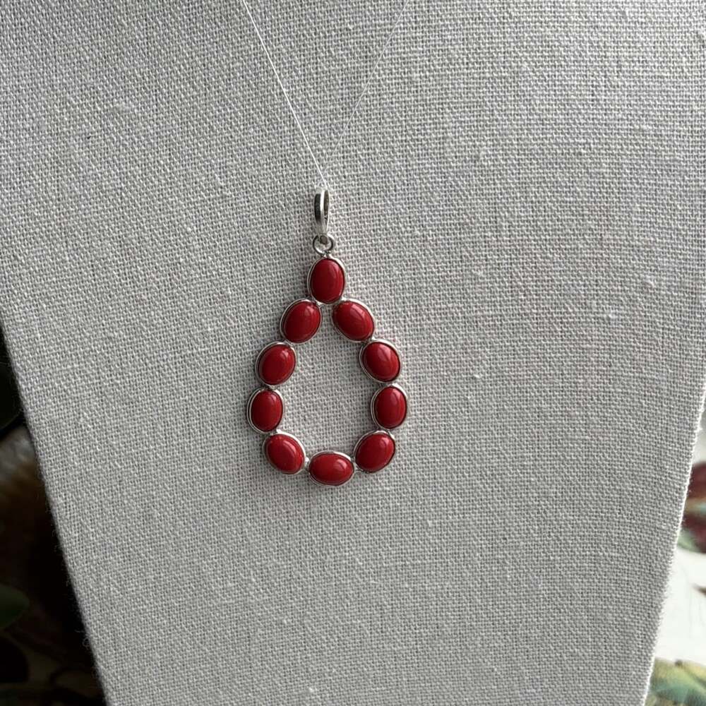 8.50 ct Oval Deep Red Coral Teardrop Pendant Sterling Silver 925